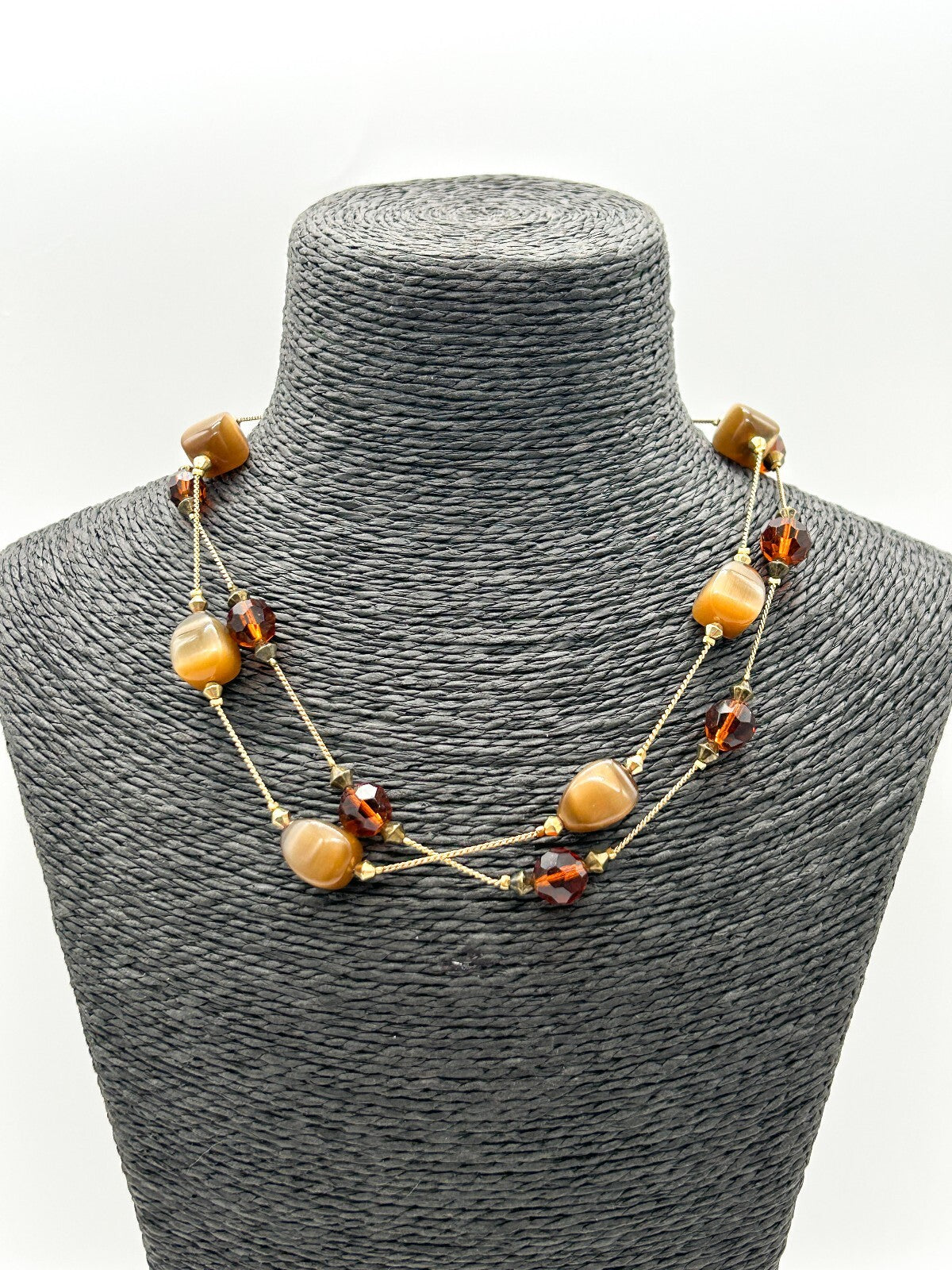M&S Double Layer Cat’s Eye Glass Bead Necklace Brown Orange Gold Tone