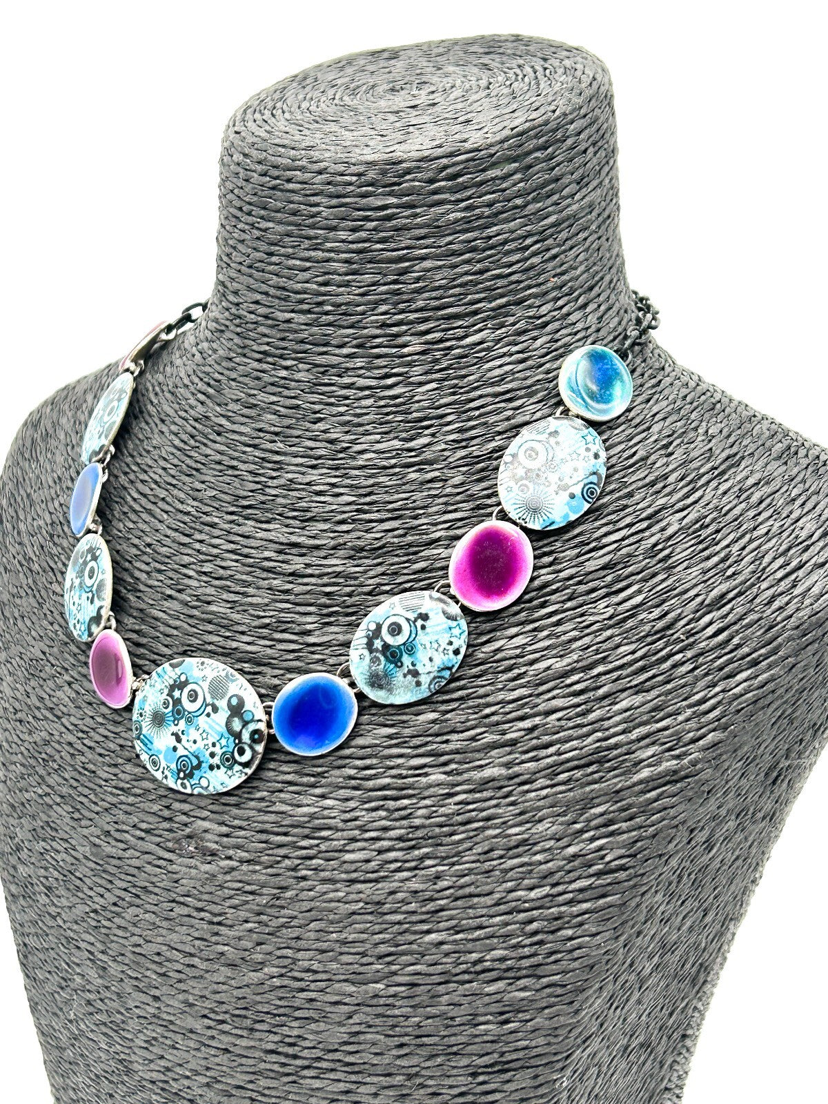 Ikita Statement Necklace Blue Purple Enamel Disc Necklace Articulated Adjustable