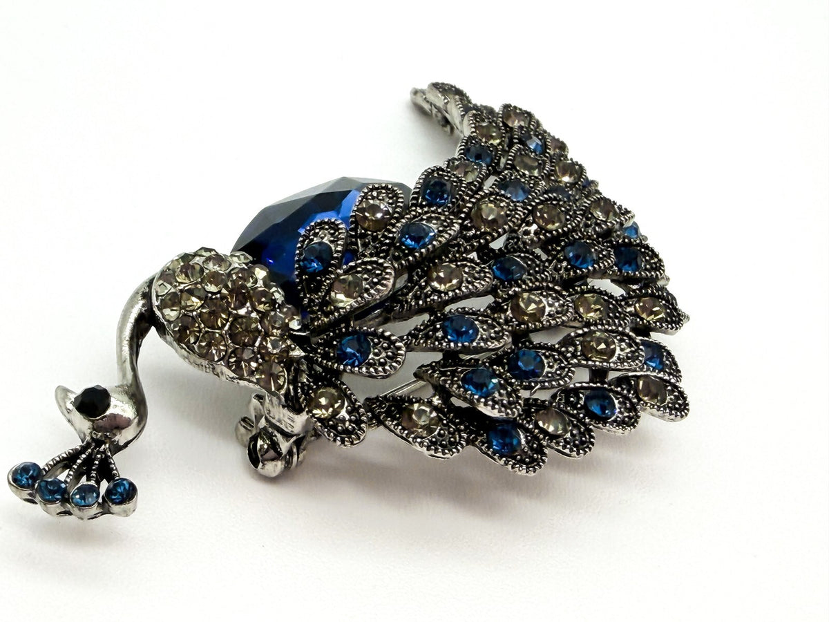 Peacock Rhinestone Brooch Blue Faceted Glass Bird Pin Silver Tone Statement