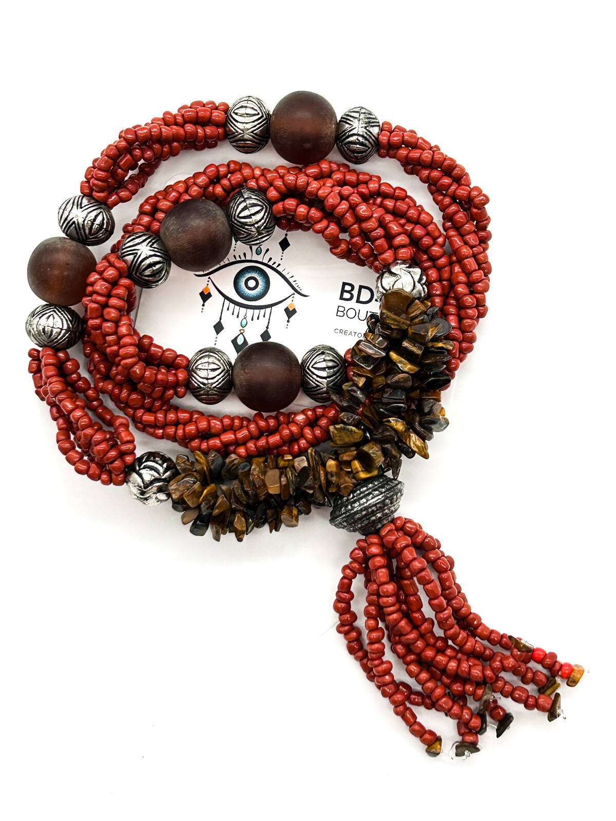 Vintage Tiger’s Eye Amber 6 Strand Tassel Necklace Red Glass Boho Statement