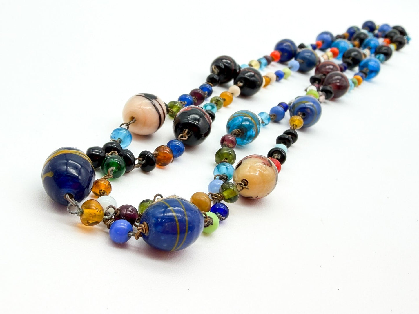 Vintage Murano Glass Necklace Italian Art Glass Flapper Blue Lampwork 26.5”