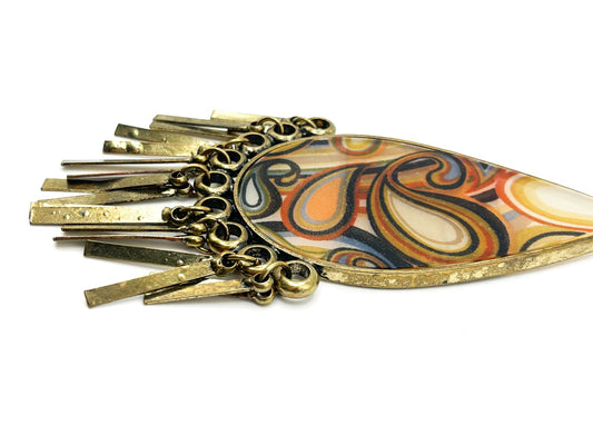Large Retro 1970s Style Statement Pendant Orange Swirl Tassel Antique Gold Tone