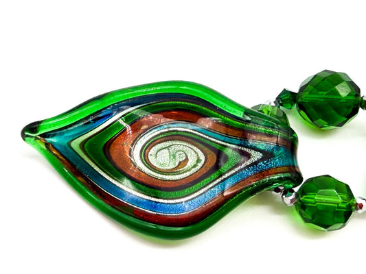 Murano Style Swirl Art Glass Pendant Necklace Green Crystal Glass Toggle Clasp