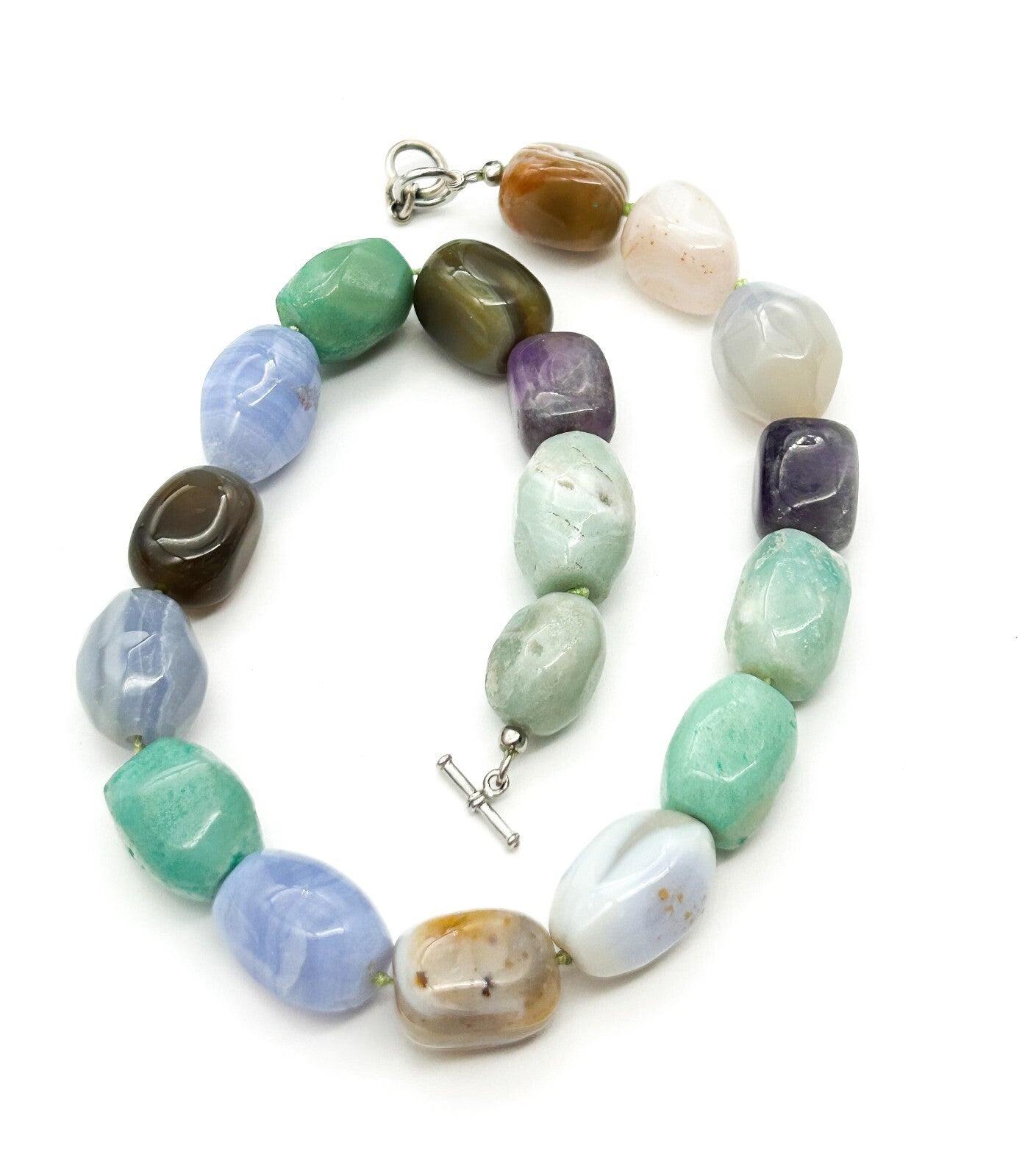 Chunky Semi Precious Gemstone Necklace Banded Agate Blue Lace Amethyst Calcite
