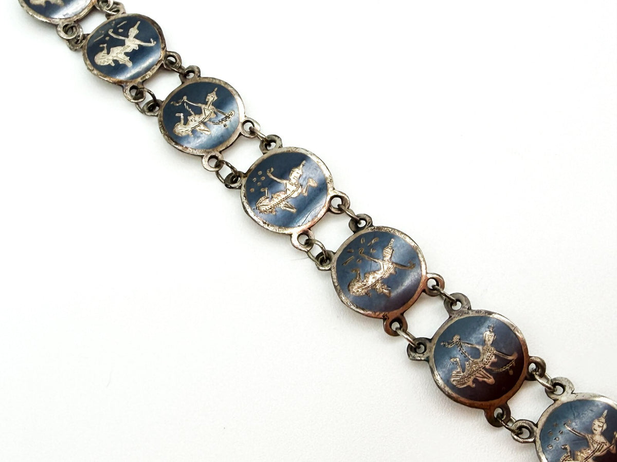 Vintage Siam Sterling Silver Niello Bracelet Thai Dancer Panels 7.5”