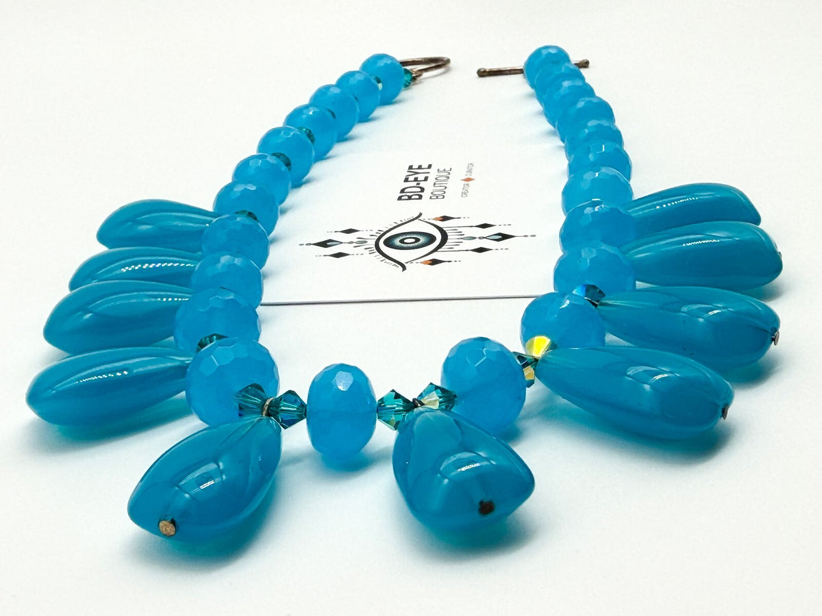 Turquoise Blue Glass Teardrop Fringe Statement Necklace Crystal Spacers Toggle