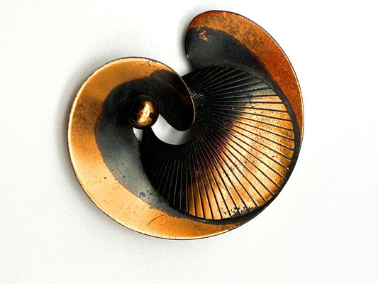 Vintage Modernist Copper Swirl Brooch Mid Century Abstract Spiral Pin Statement