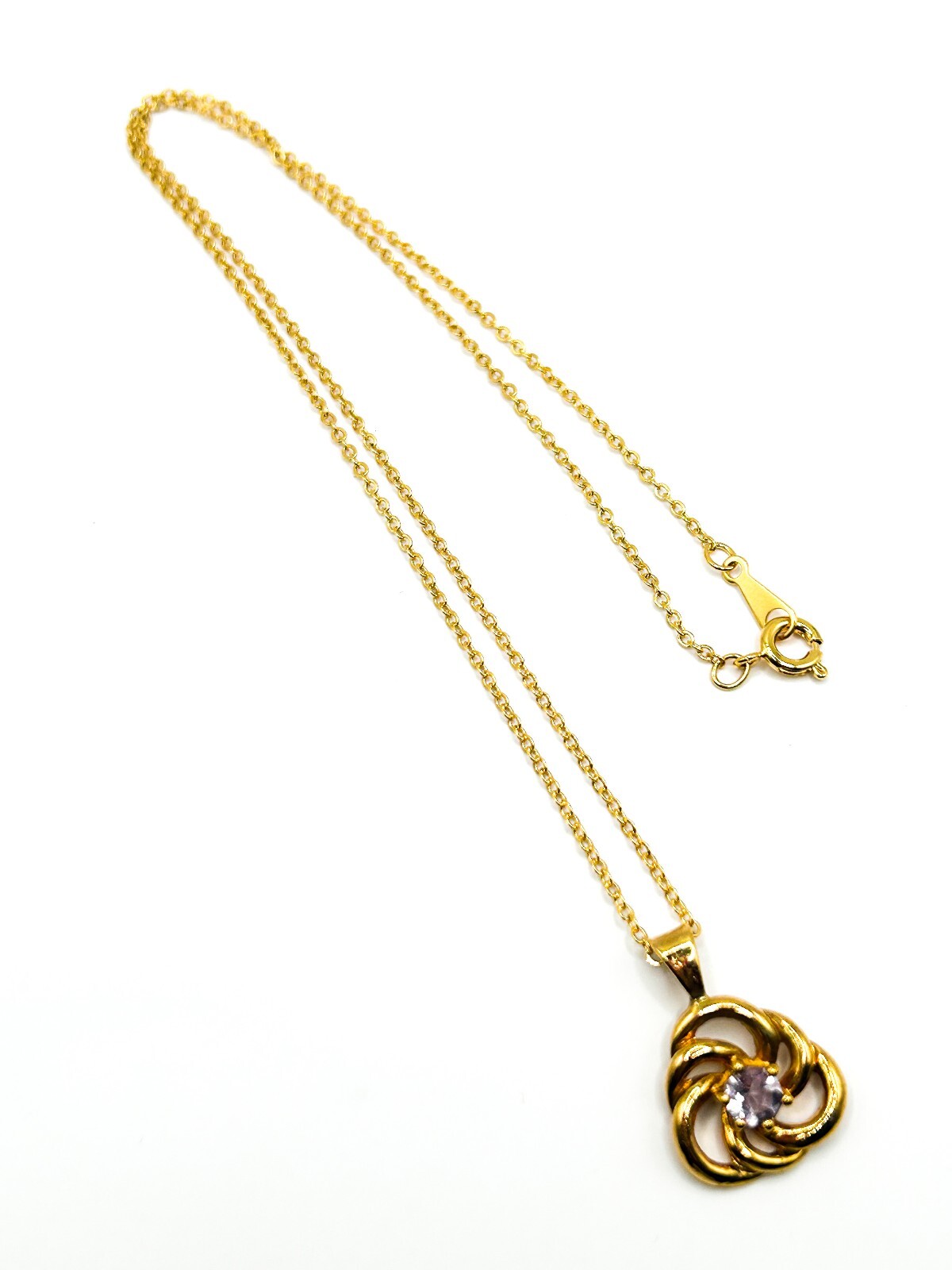 Amethyst Gemstone Swirl Pendant Necklace Gold Tone Fine Chain 17.5”