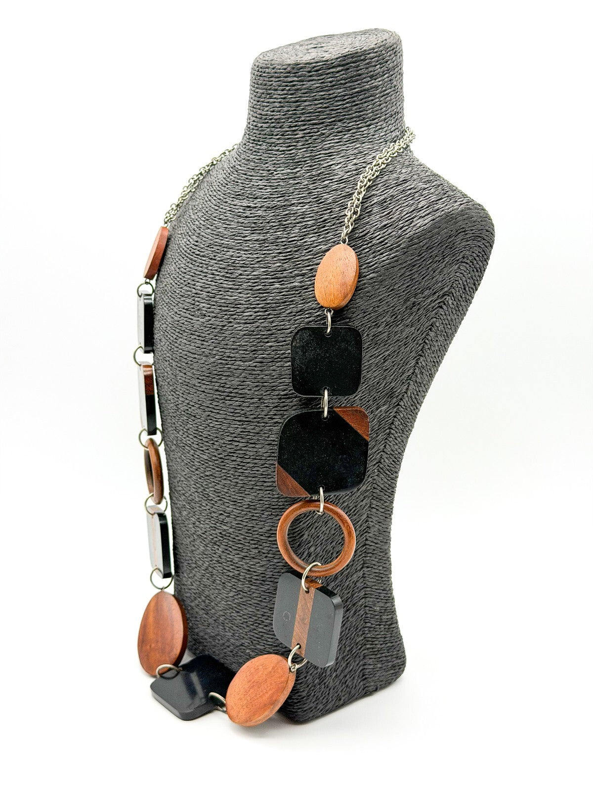 Chunky Wood & Black Resin Geometric Statement Necklace Retro Silver Chain