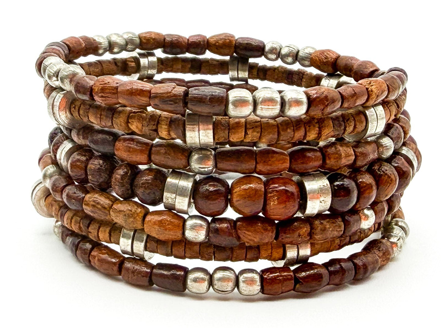 Boho Memory Wire Bracelet Bundle Set 4 Lapis Lazuli Wood Beaded Stack Bracelets