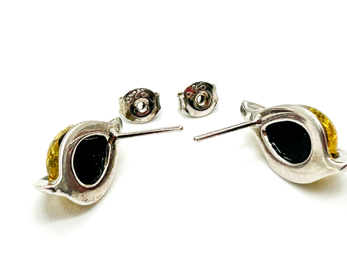 925 Sterling Silver Genuine Green Baltic Amber Leaf Stud Earrings Tested