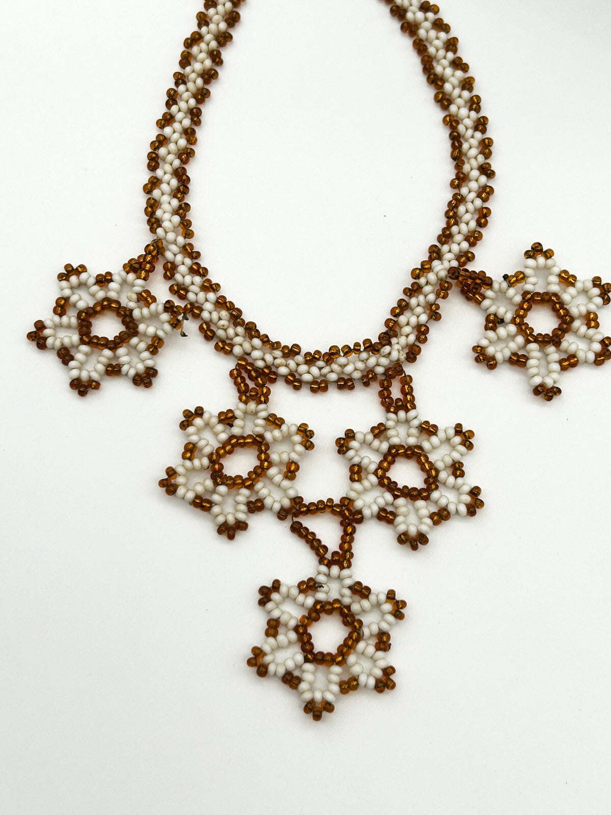 Vintage Handmade Artisan Flower Glass Bead Floral Bib Necklace Orange White