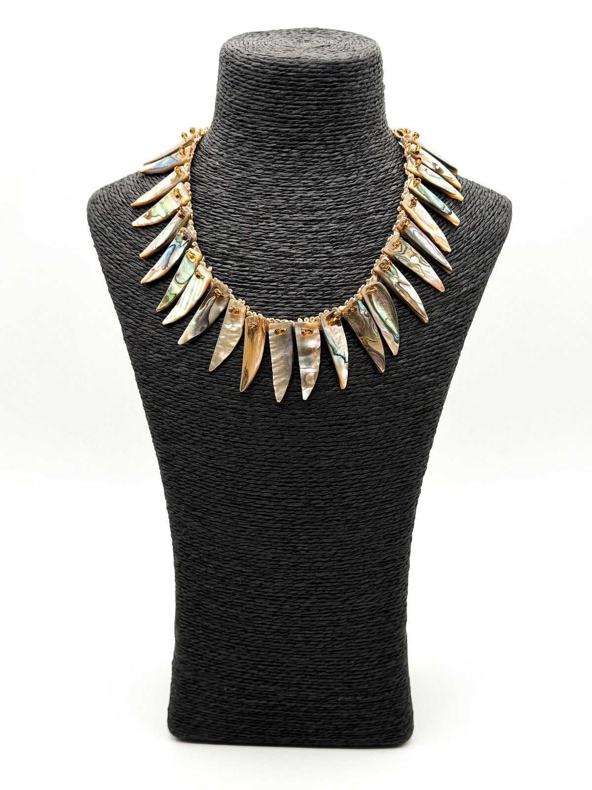 Vintage Abalone Shell Feather Spike Necklace Lace Beaded Statement 17” Boho