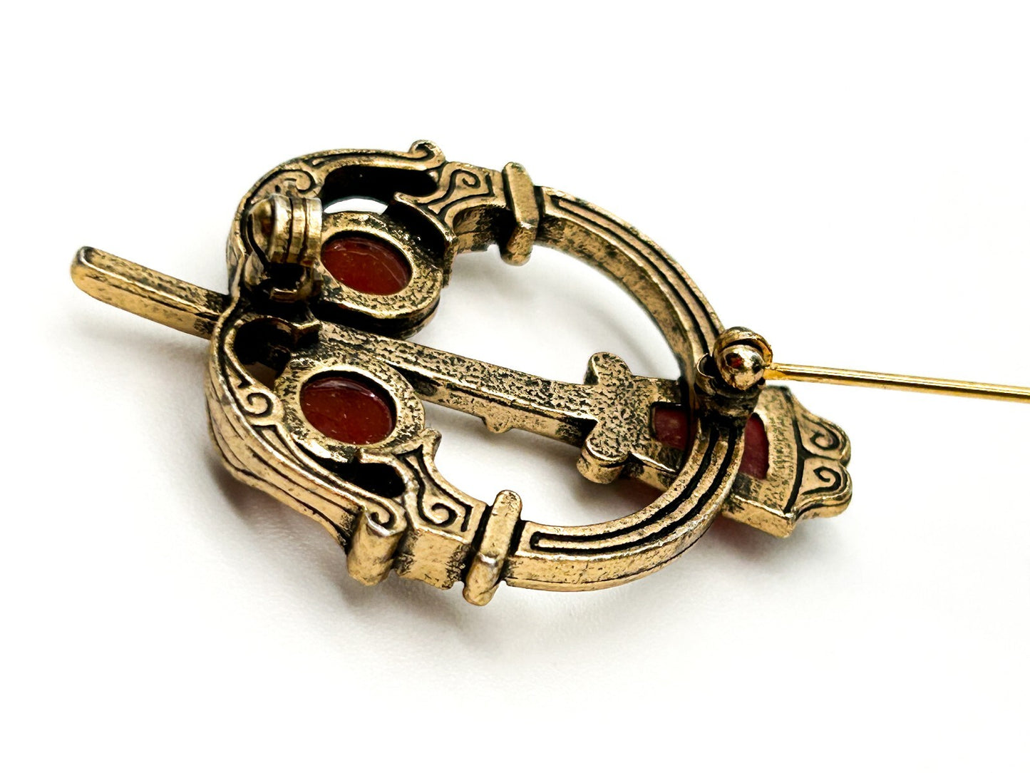 Vintage Celtic Penannular Brooch Faux Carnelian Glass Gold Tone Scarf Pin