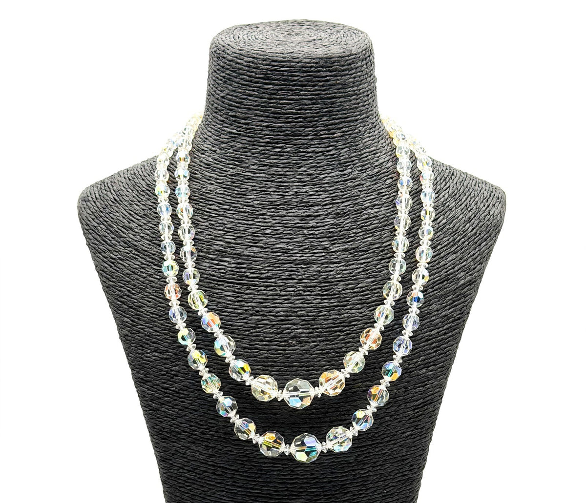 Vintage Aurora Borealis Crystal Necklace 2 Strand AB Glass Rhinestone Clasp 19"