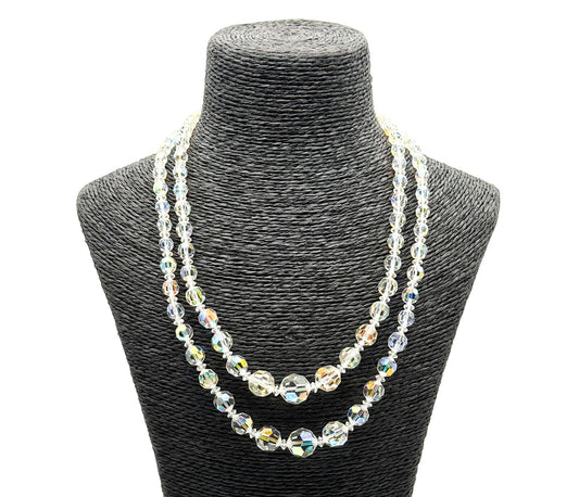 Vintage Aurora Borealis Crystal Necklace 2 Strand AB Glass Rhinestone Clasp 19"