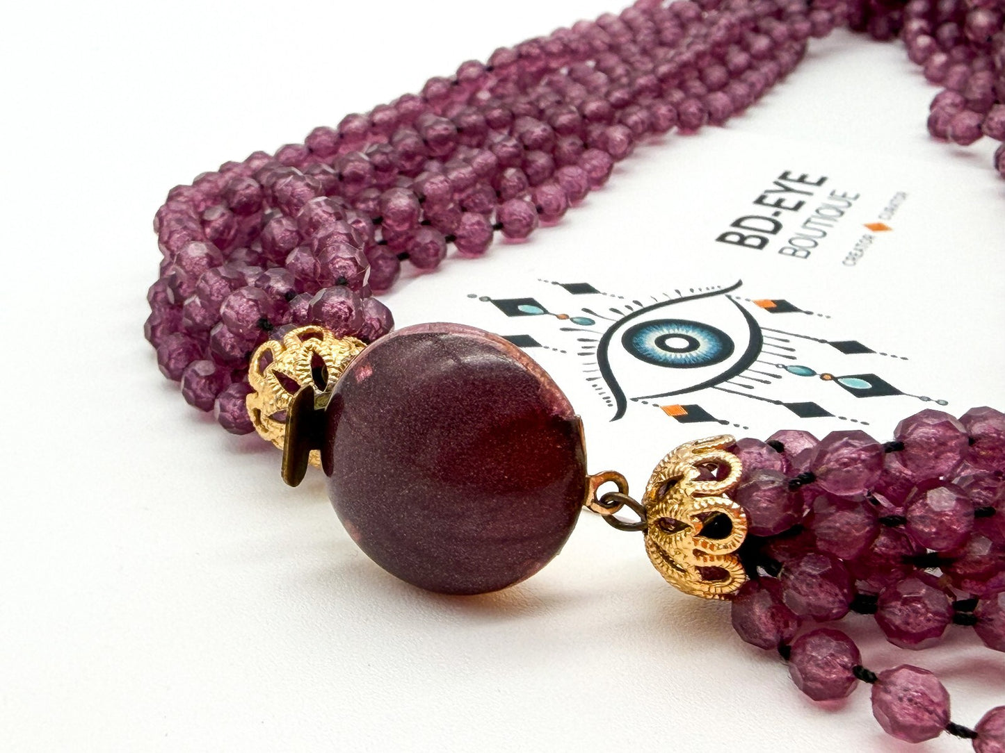 Vintage Hong Kong Style Purple Mauve Multi Strand Beaded Necklace Acrylic Collar
