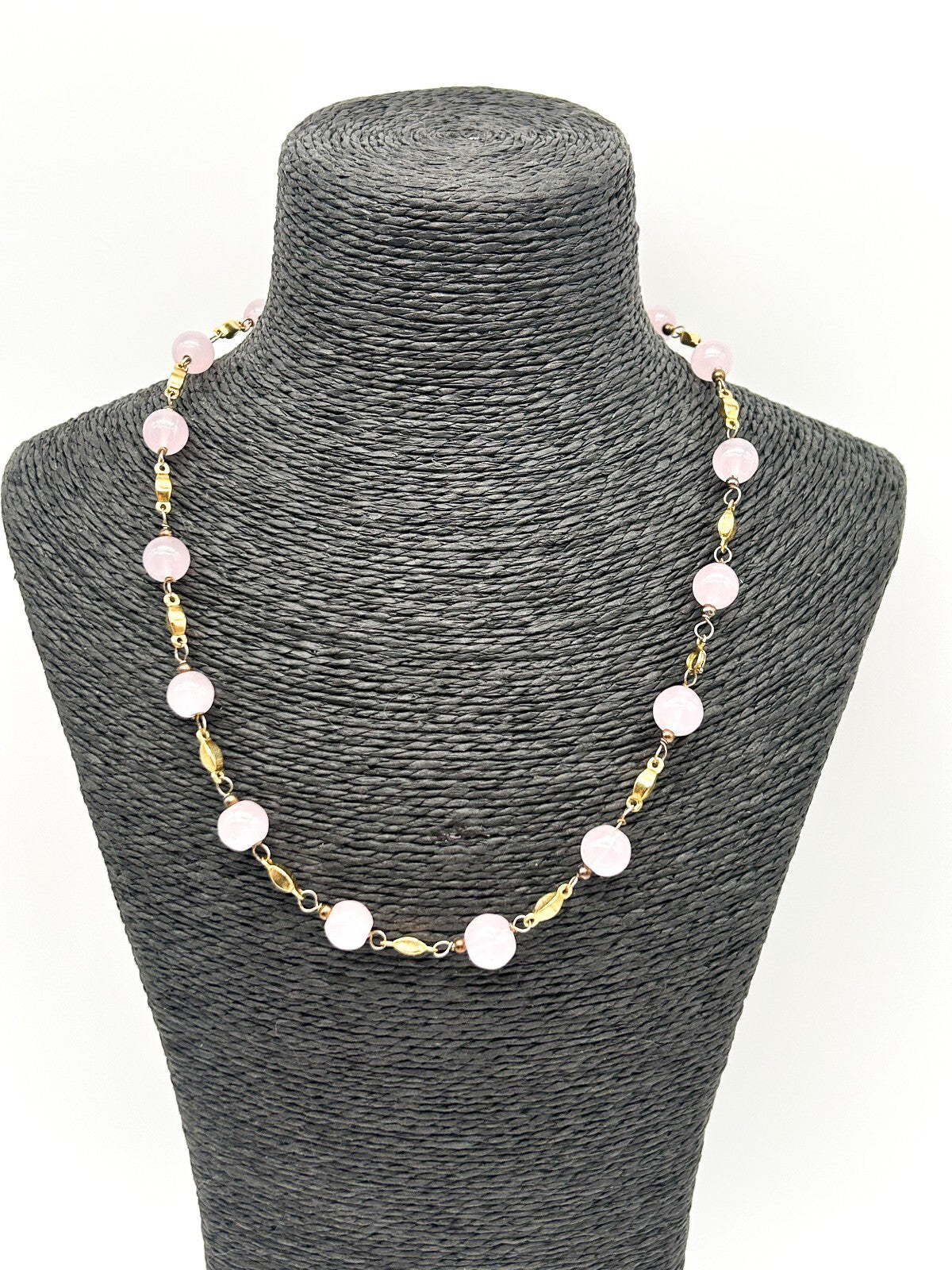 Vintage Pastel Pink Glass Bead Necklace Gold Tone Station Necklace 20”