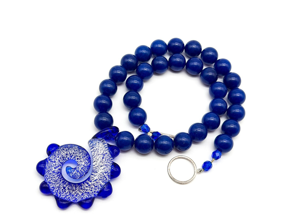 Cobalt Blue Agate Necklace Art Glass Swirl Spiral Pendant Statement Murano-style