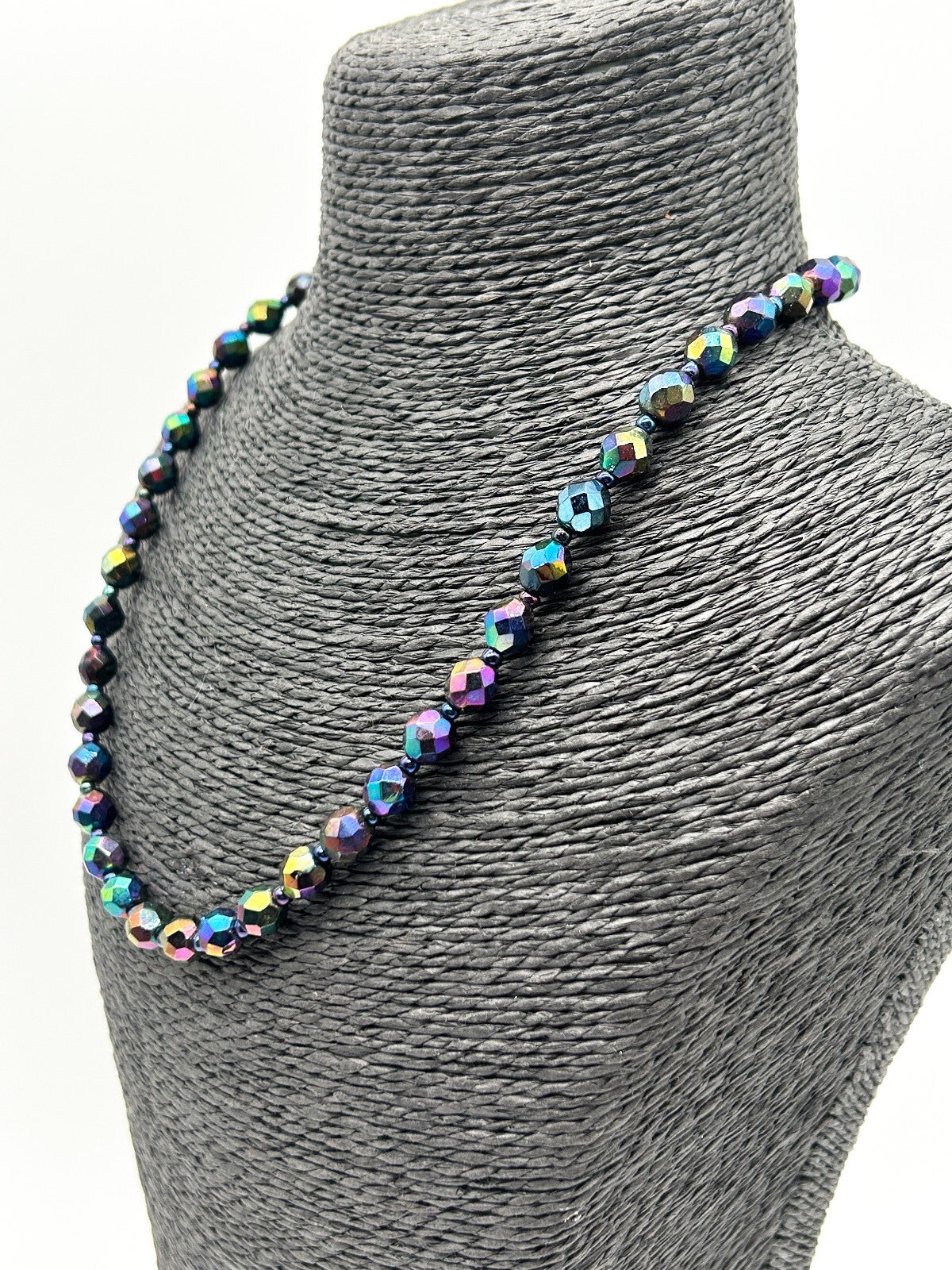 Vintage Carnival Glass Bead Necklace Peacock Iridescent Faceted 19”