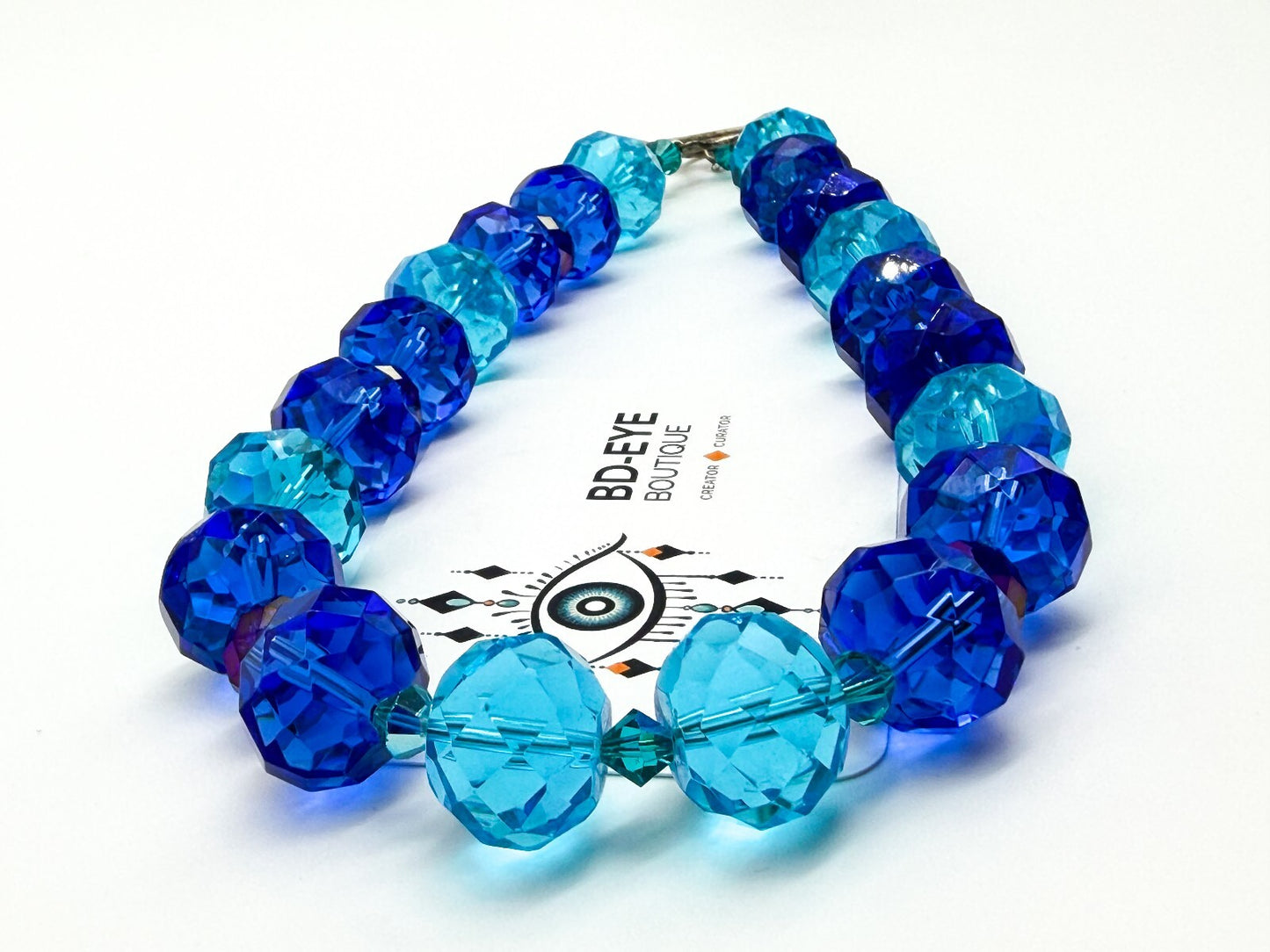 Chunky Cobalt Blue Turquoise Faceted Glass Statement Necklace Toggle 17.5”