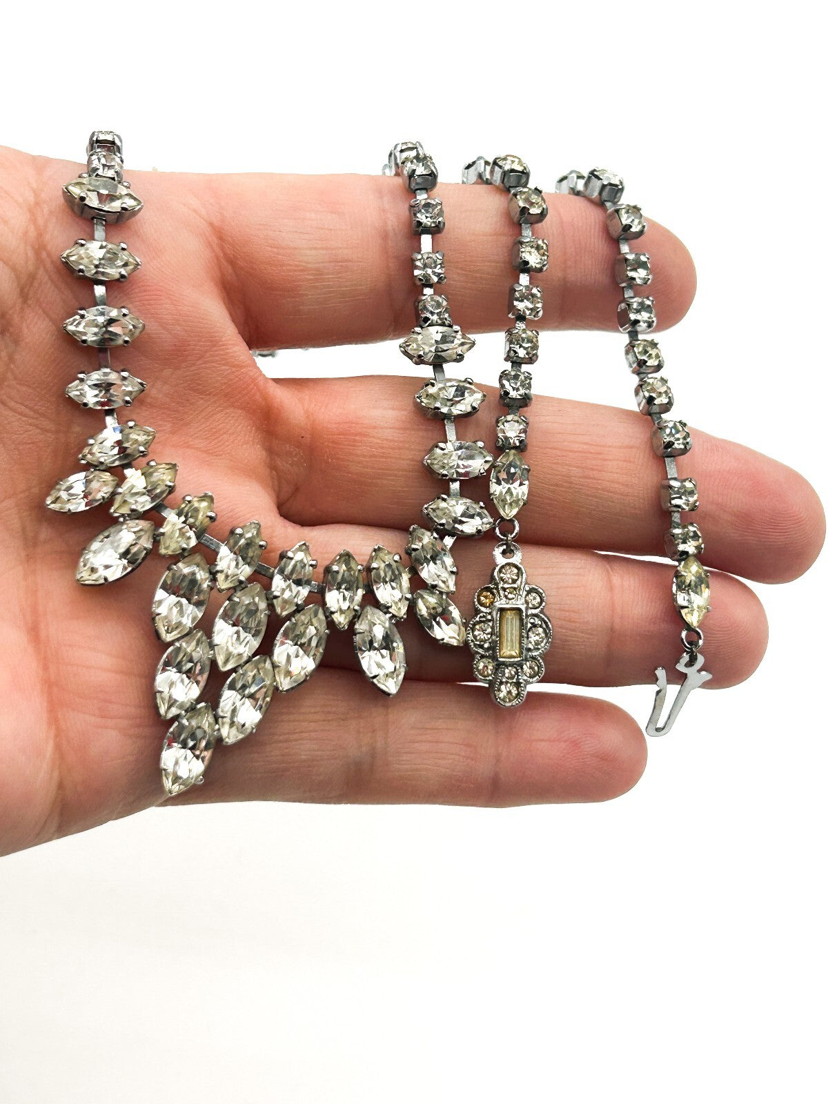 Vintage Clear Marquise Rhinestone Statement Necklace Silver Tone Bridal Wedding