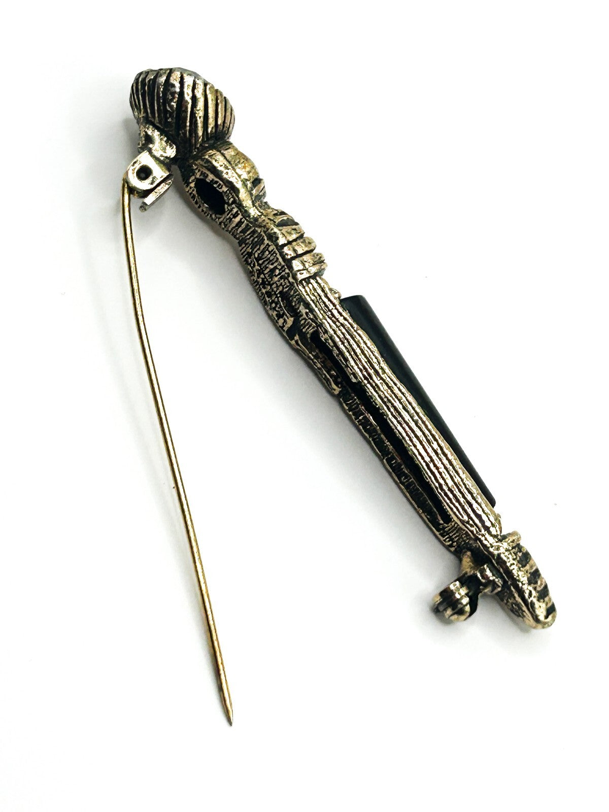 Vintage Miracle Black Glass Kilt Pin Brooch Antiqued Gold Tone Signed