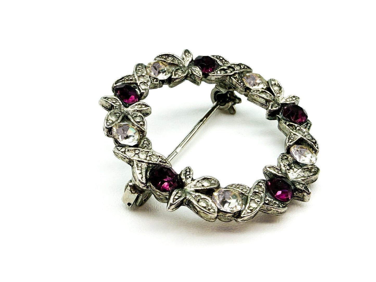 Vintage Purple & Clear Rhinestone Wreath Brooch Silver Tone Floral Pin