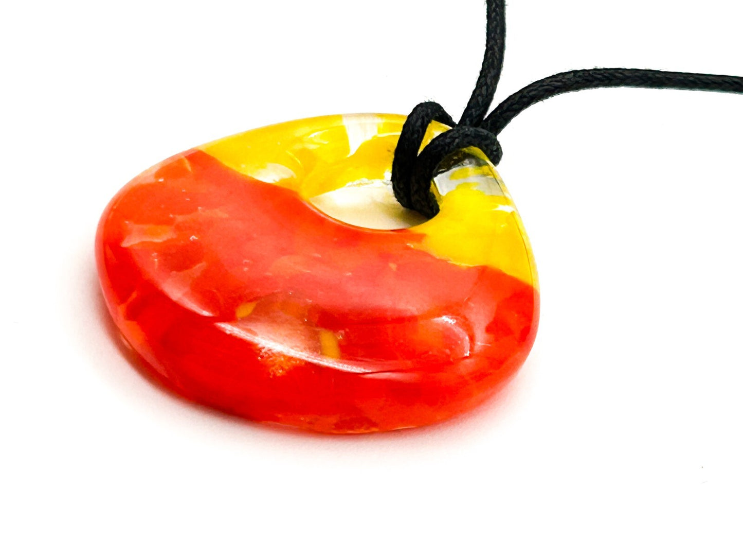 Art Glass Pendant Necklace Yellow Orange Abstract Glass Contemporary Black Cord