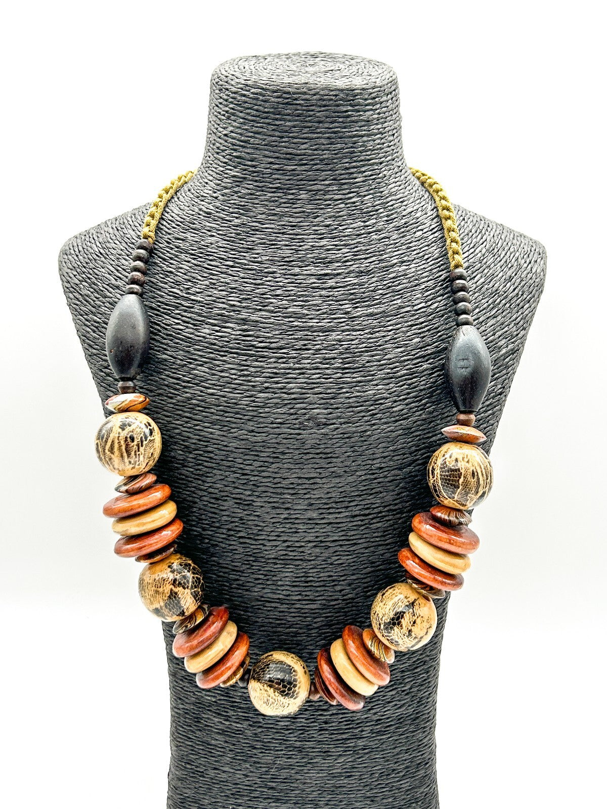 Vintage Chunky Wood Necklace Snakeskin Effect Beads Boho Statement 23”