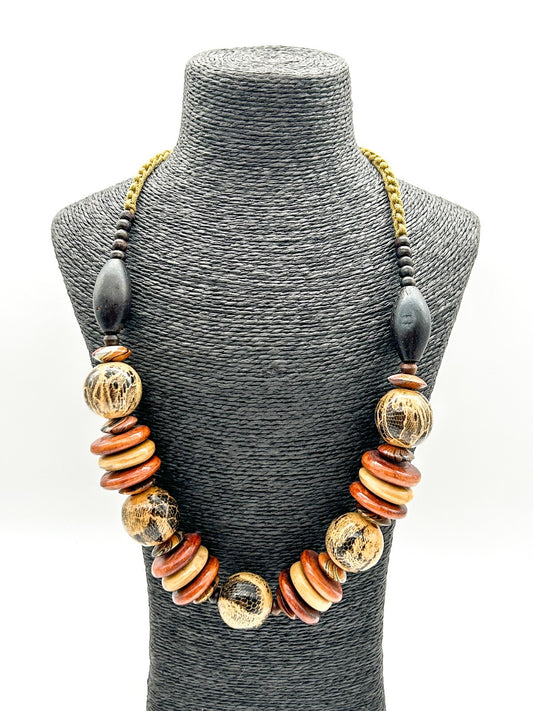 Vintage Chunky Wood Necklace Snakeskin Effect Beads Boho Statement 23”