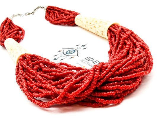 Vintage Red Coral Multi Strand Necklace Carved Organic Material Statement 25”