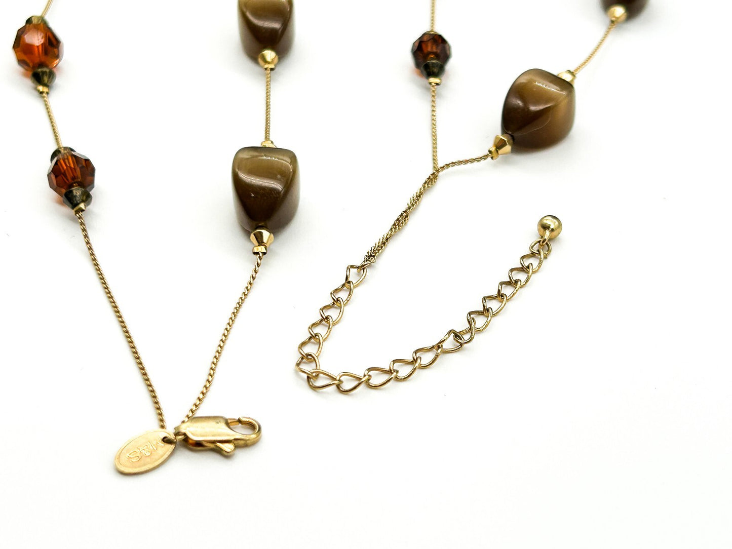 M&S Double Layer Cat’s Eye Glass Bead Necklace Brown Orange Gold Tone
