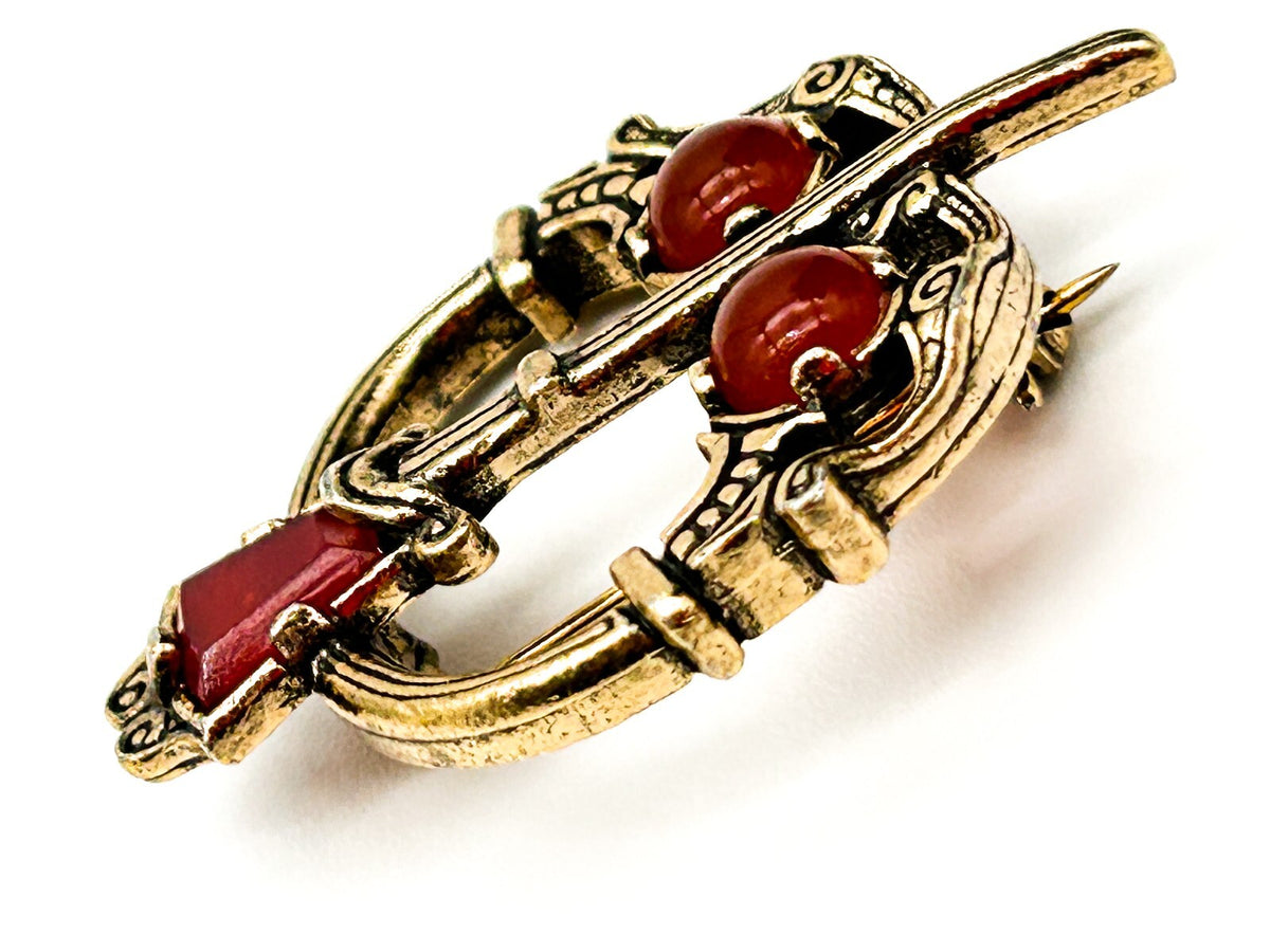 Vintage Celtic Penannular Brooch Faux Carnelian Glass Gold Tone Scarf Pin