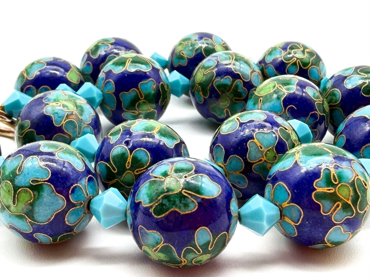 Cloisonné Enamel Bead Necklace Blue Green Floral Artisan Toggle Statement