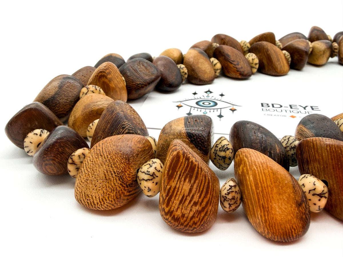 Vintage Wood & Tagua Nut Statement Necklace Long Boho Natural Wooden Beads