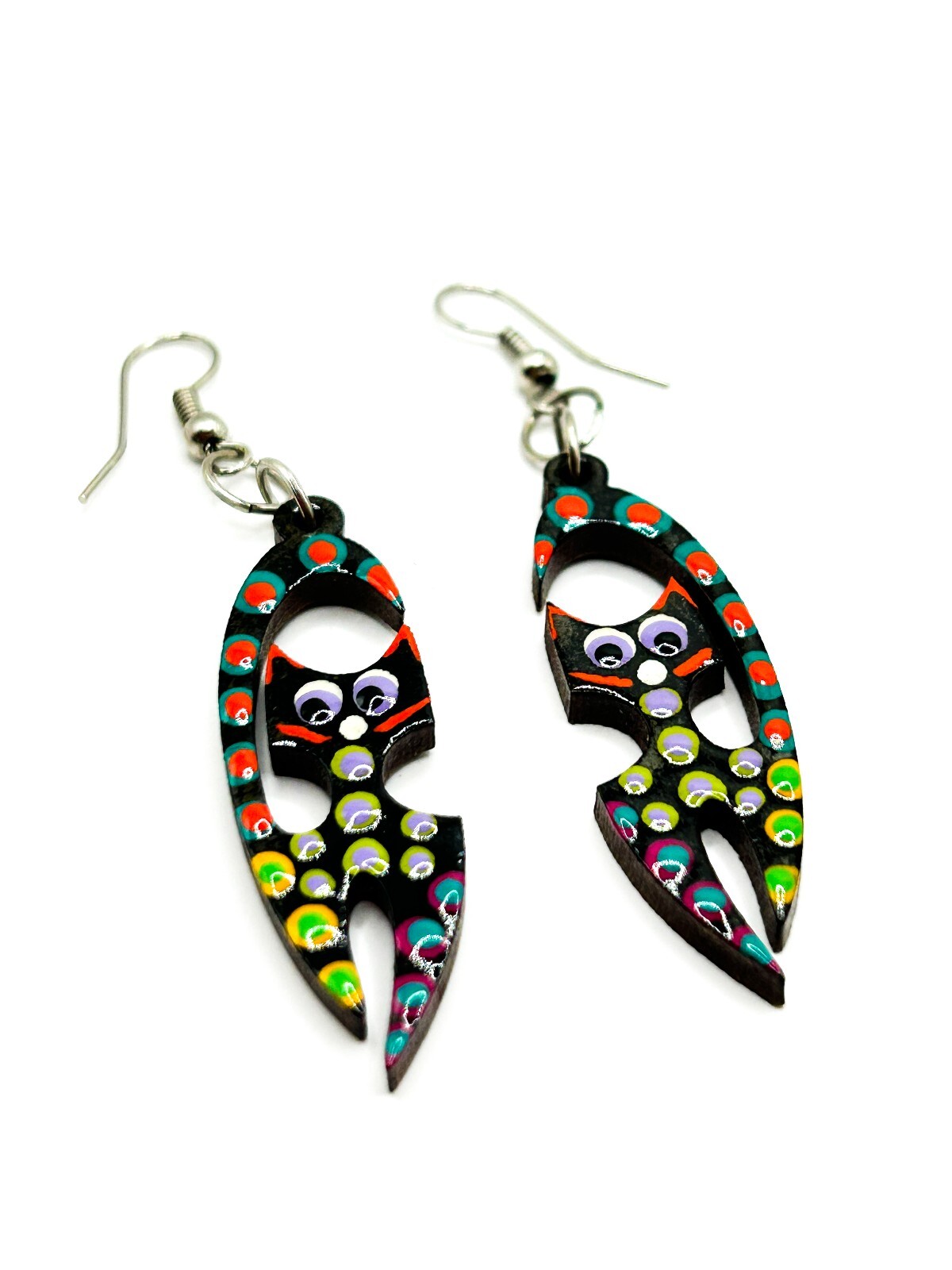 Hand Painted Wooden Cat Earrings Colourful Folk Art Dangle Quirky Felines