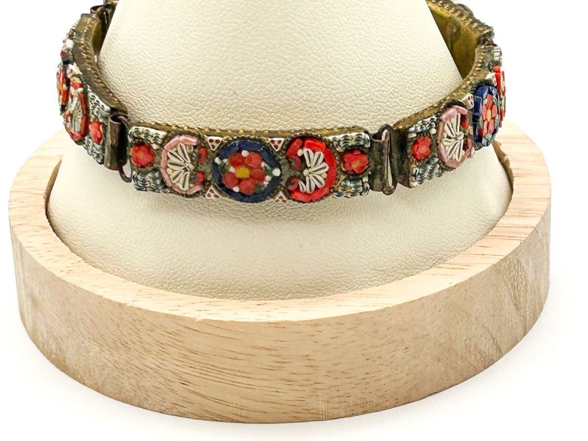 Vintage Italian Micro Mosaic Bracelet RM Made In Italy Red Floral Panel Bracelet