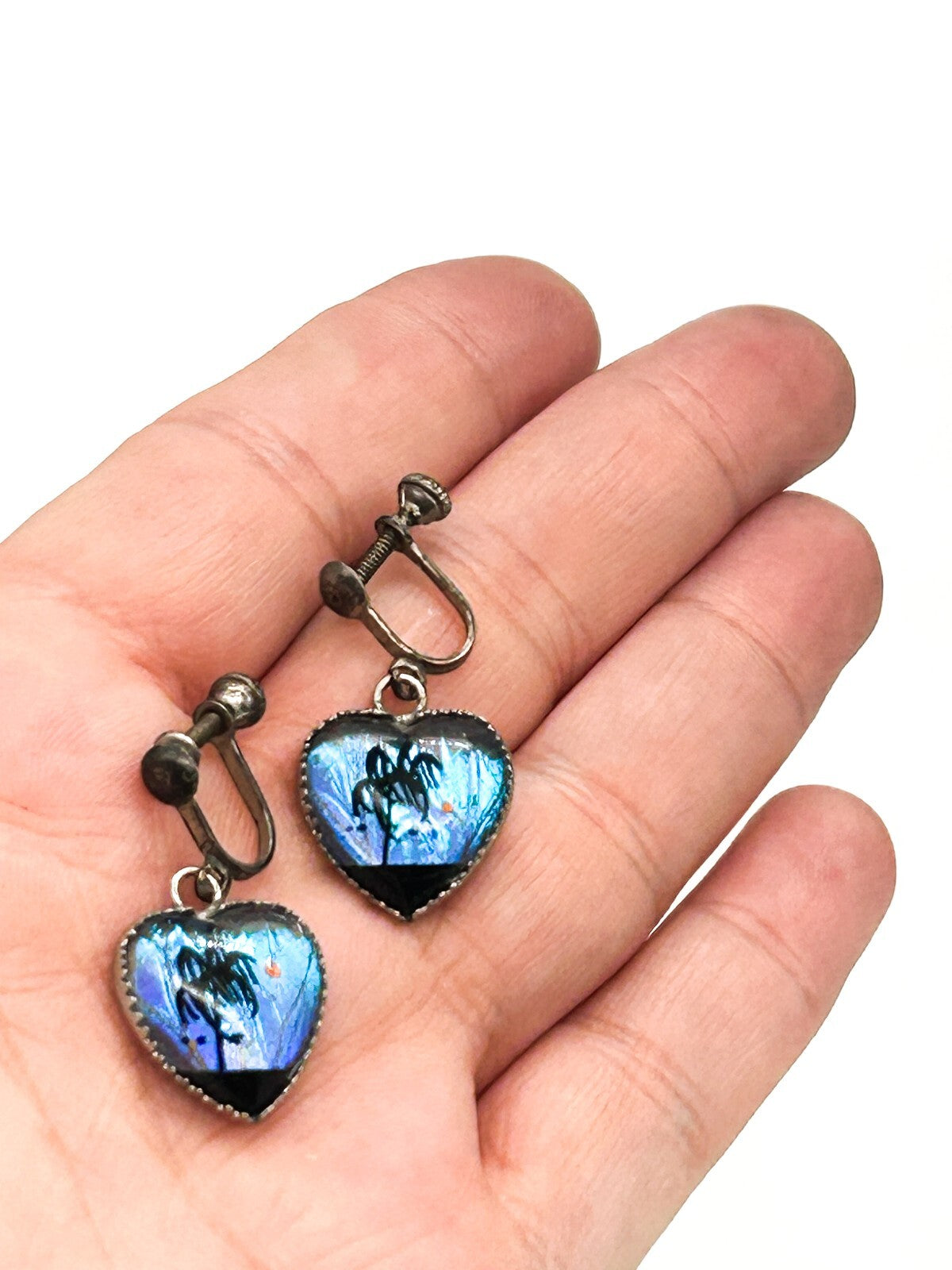 Vintage Sterling Silver Morpho Butterfly Wing Heart Screw Back Earrings Tropical