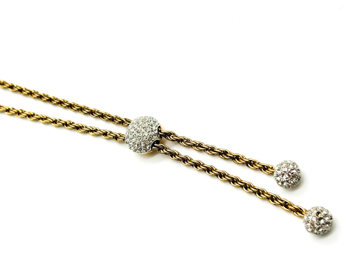 Vintage Gold Tone Rhinestone Bolo Necklace Twisted Rope Chain Adjustable Tassel