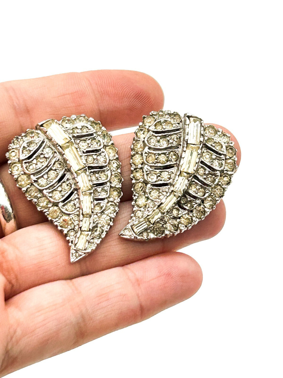 Vintage Rhinestone Duette Dress Clips Brooch Art Deco Style Baguette READ