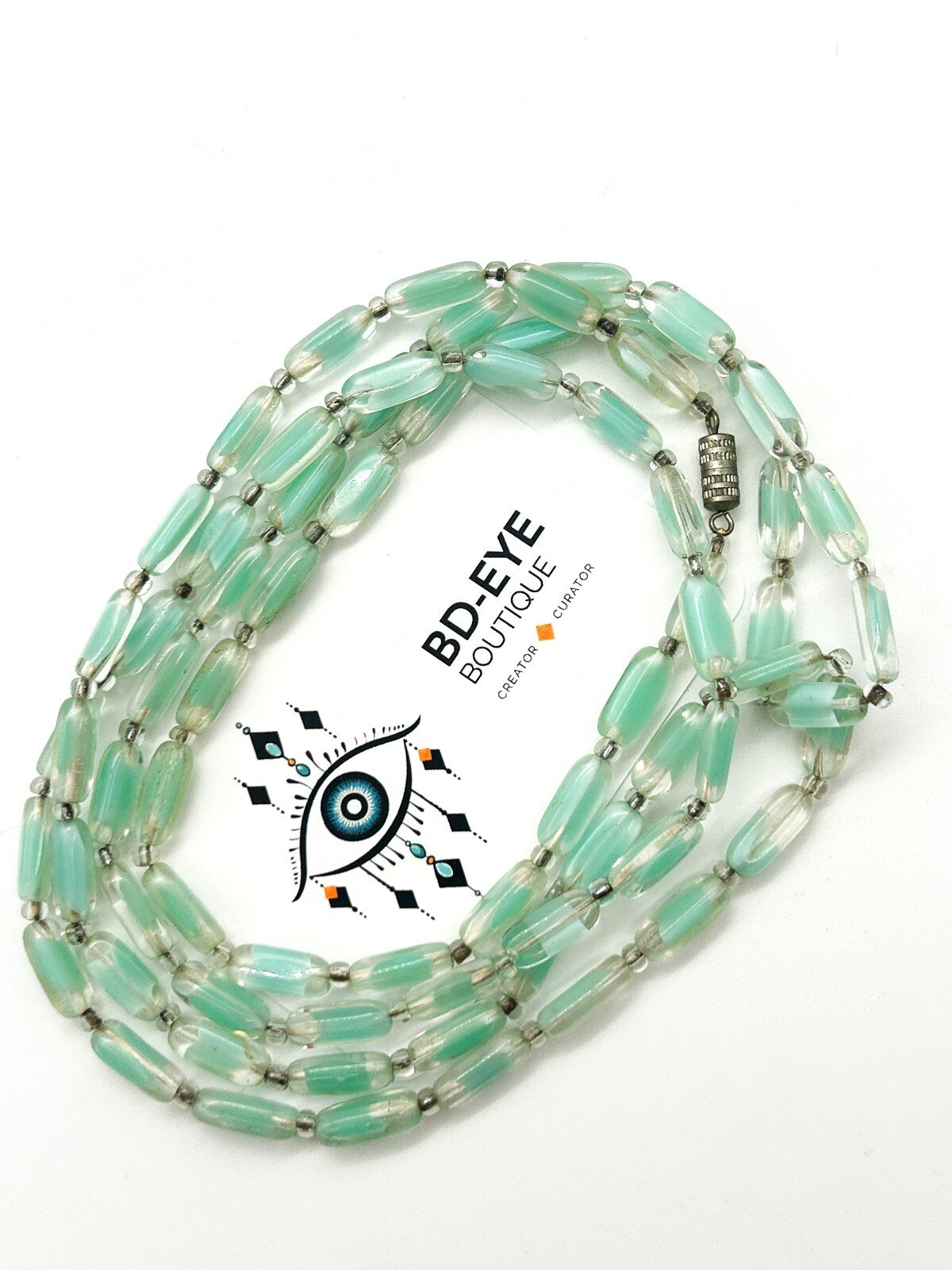 Vintage Czech Givre Glass Necklace Spearmint Blue Green Beads Long 23.5”