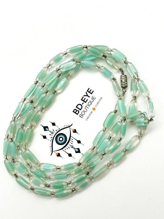 Vintage Czech Givre Glass Necklace Spearmint Blue Green Beads Long 23.5”
