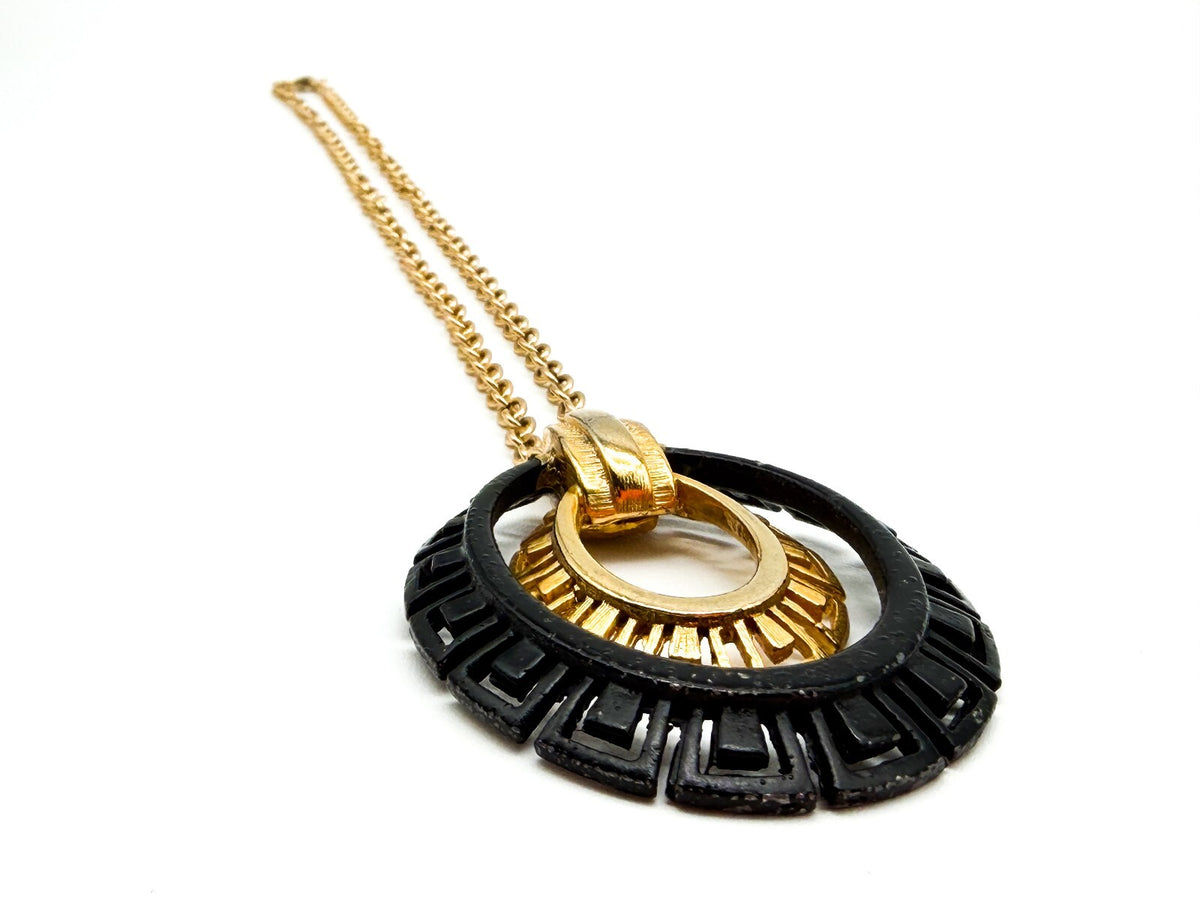 Vintage Black Gold Tone Greek Key Statement Necklace Oval Pendant 17” Geometric