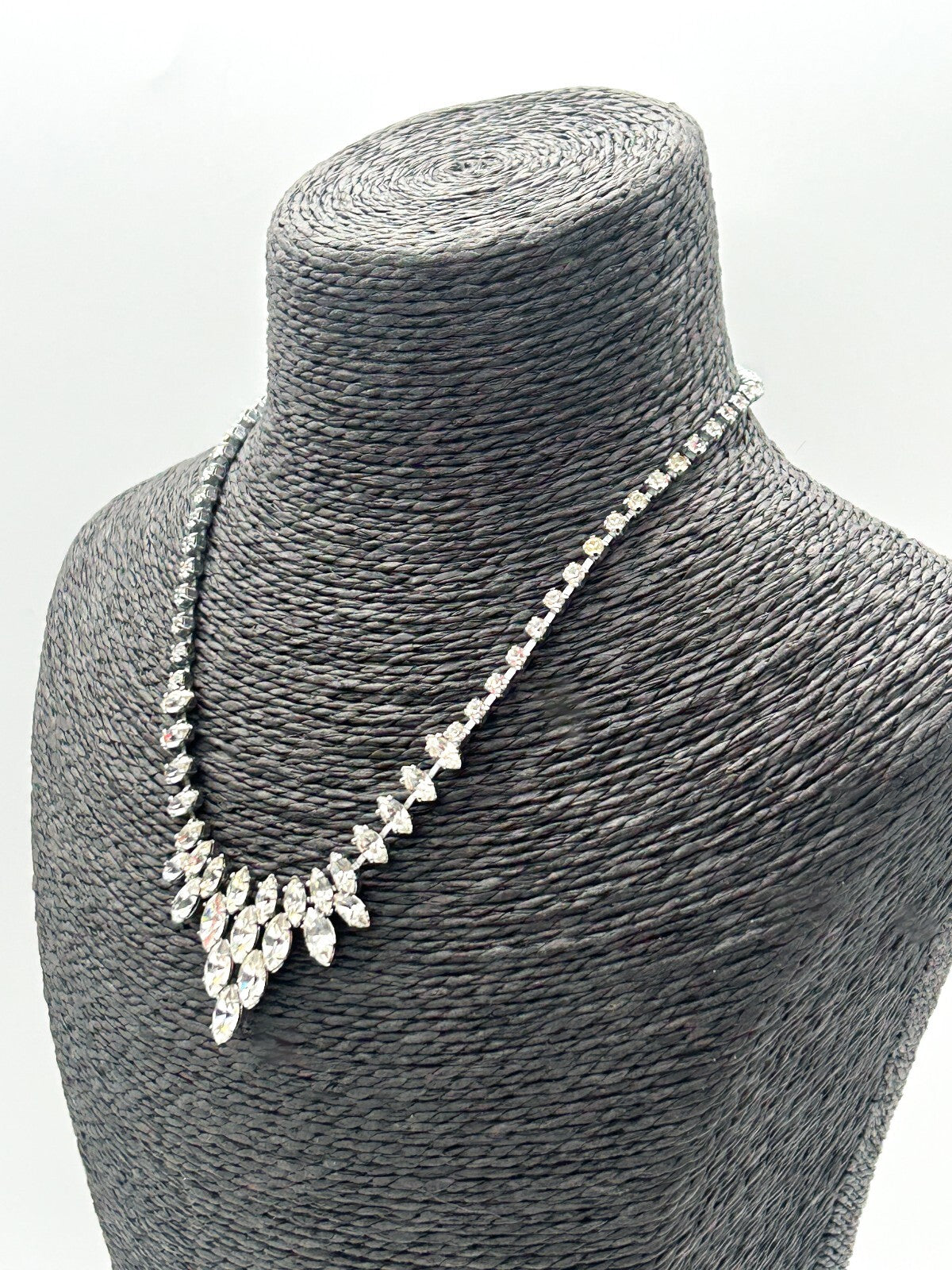 Vintage Clear Marquise Rhinestone Statement Necklace Silver Tone Bridal Wedding