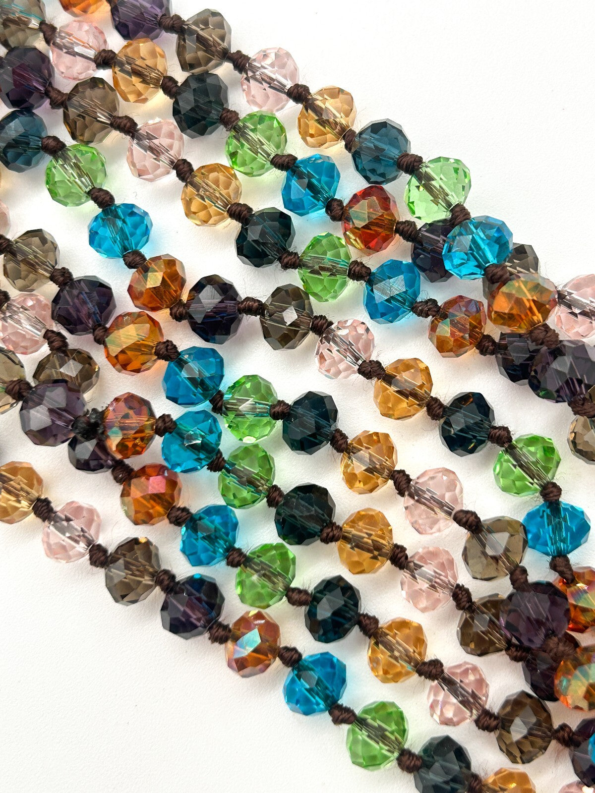 Vintage Multicolour Faceted Crystal Glass Necklace Hand Knotted Rainbow 23"