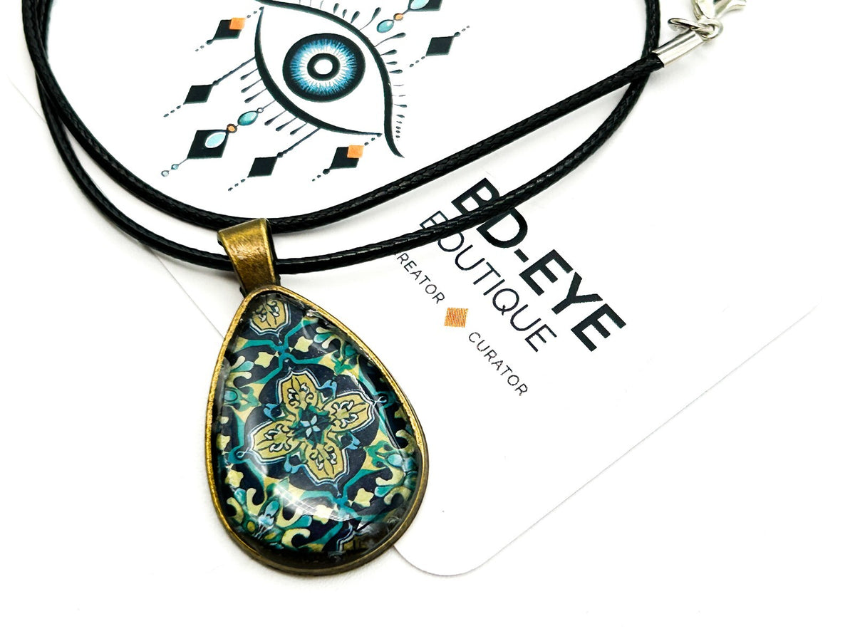 Brass Tone Floral Resin Teardrop Pendant Necklace Blue Geometric Pattern