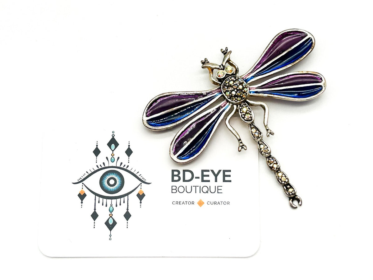 Vintage Purple Enamel Dragonfly Brooch AB Rhinestone Glass Figural Statement