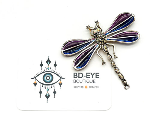 Vintage Purple Enamel Dragonfly Brooch AB Rhinestone Glass Figural Statement