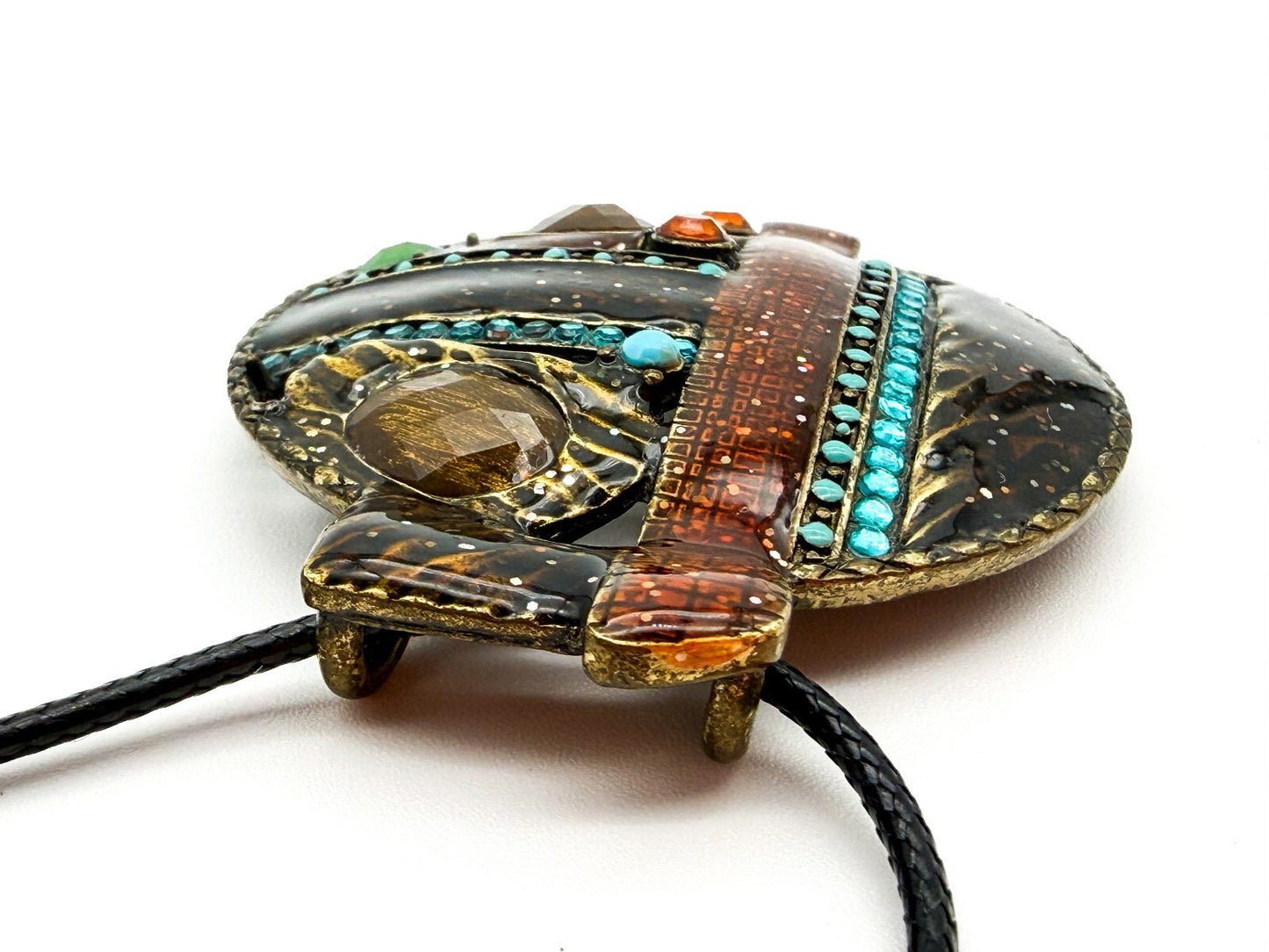 Ikita Paris Statement Pendant Necklace Brown Enamel Turquoise Rhinestone Cord